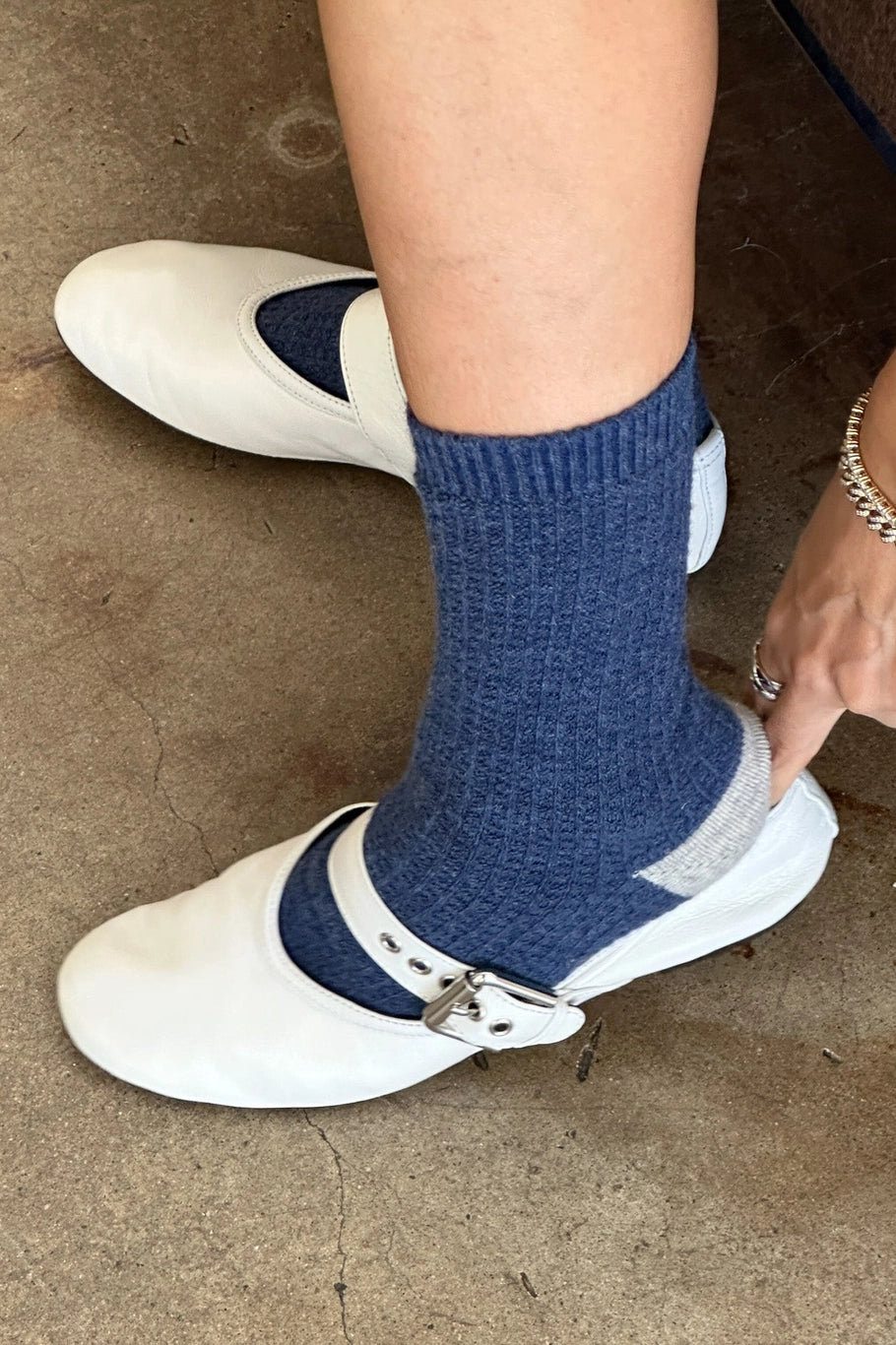 Wool Waffled Socks - Denim/Stone