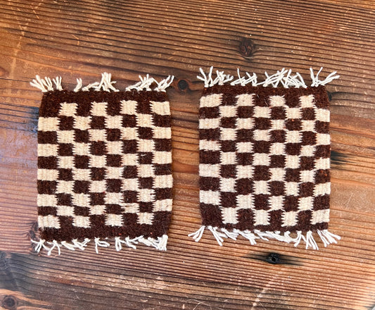 Handwoven Wool Checkered Coasters Set of 2 - Dark Rust