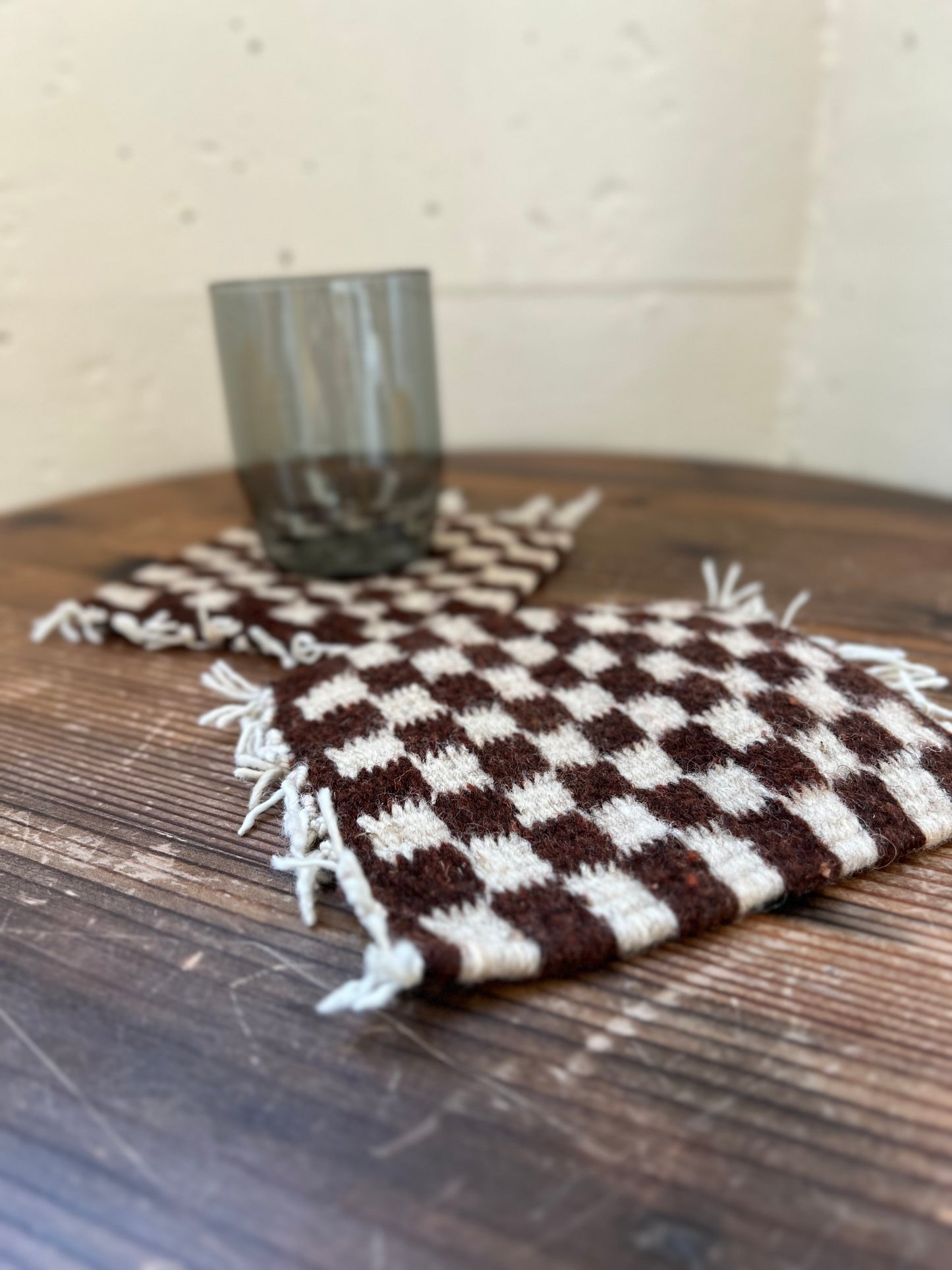 Handwoven Wool Checkered Coasters Set of 2 - Dark Rust