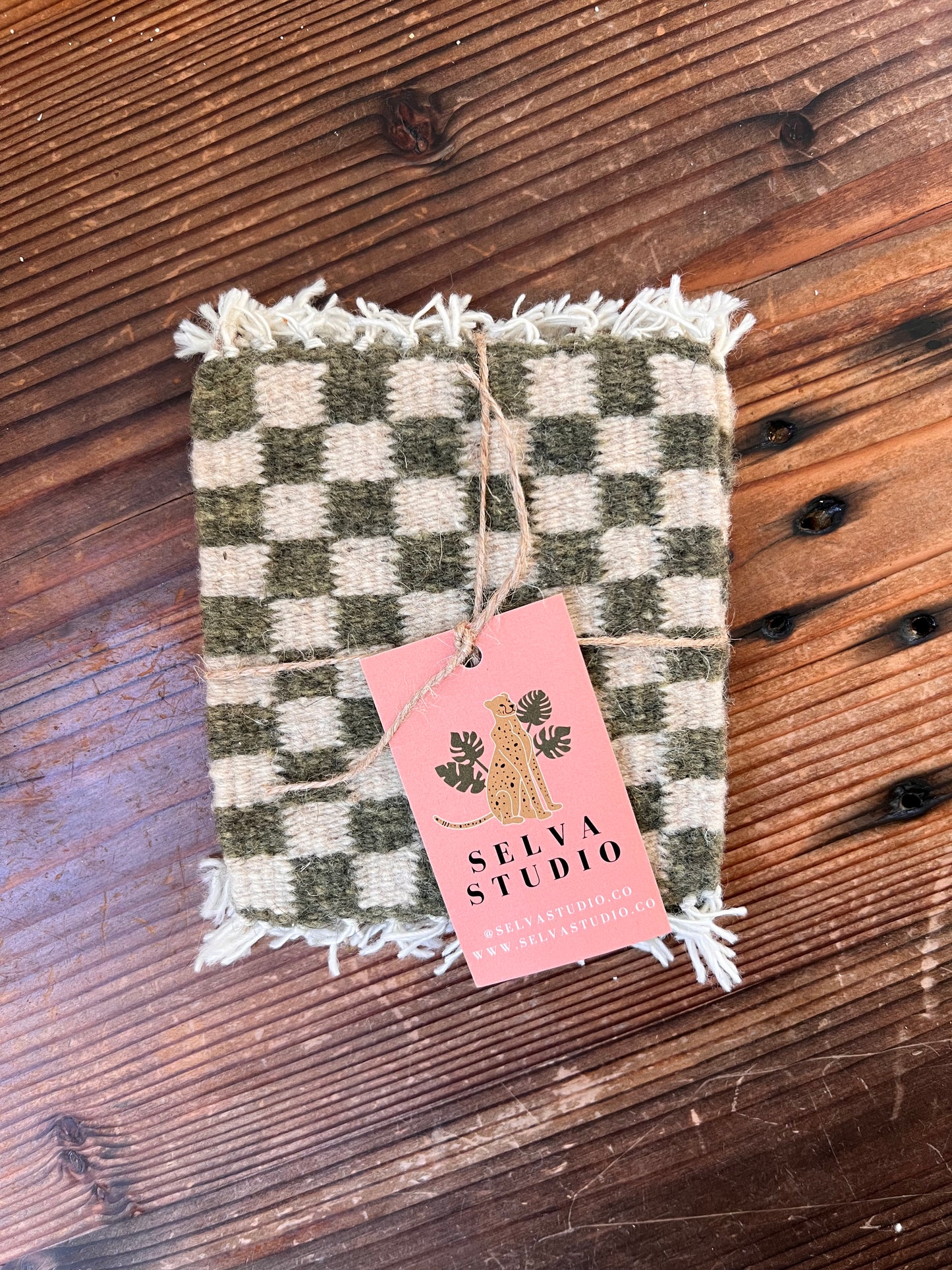 Handwoven Wool Checkered Coasters Set of 4 - Moss