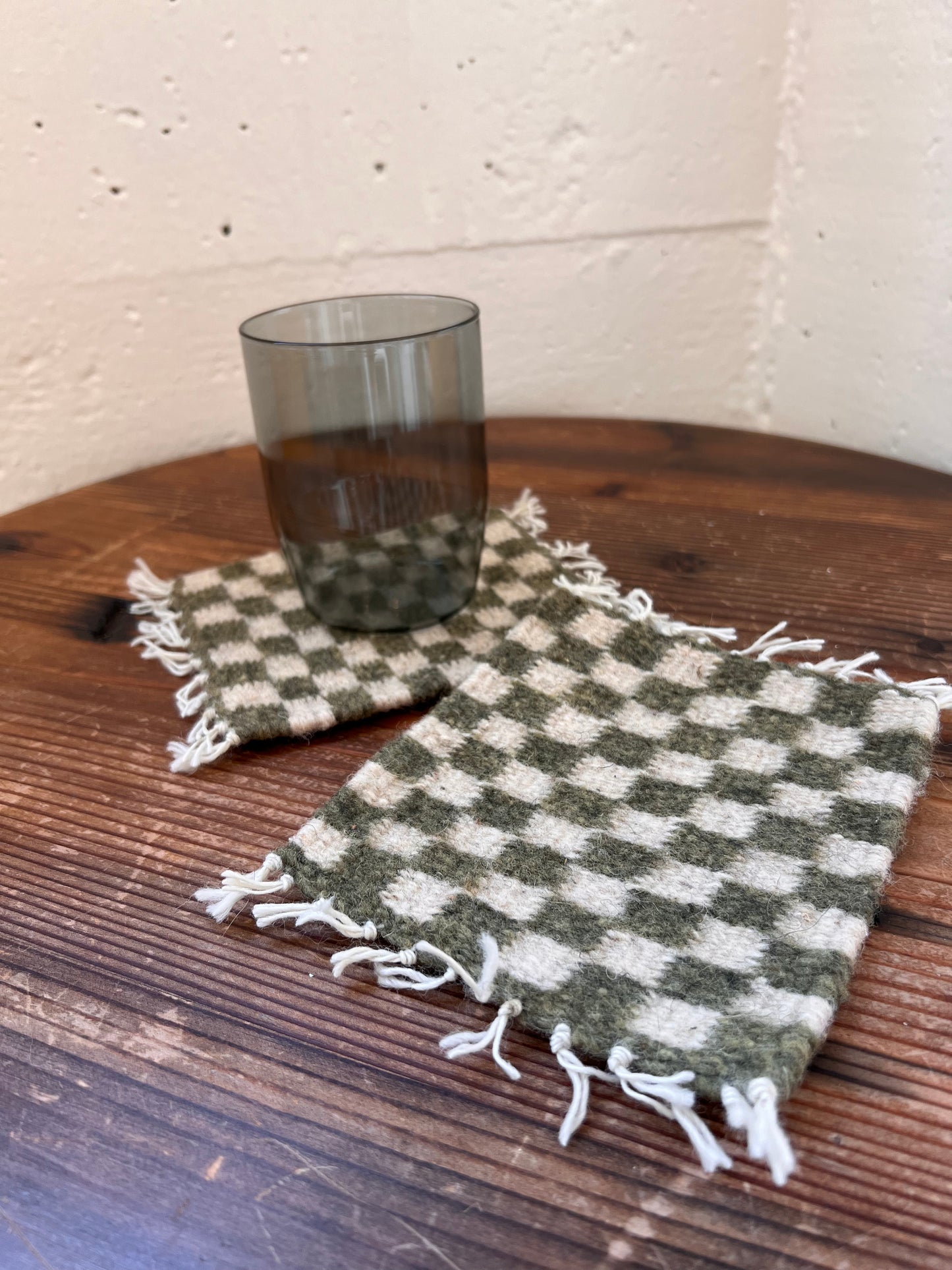 Handwoven Wool Checkered Coasters Set of 4 - Moss