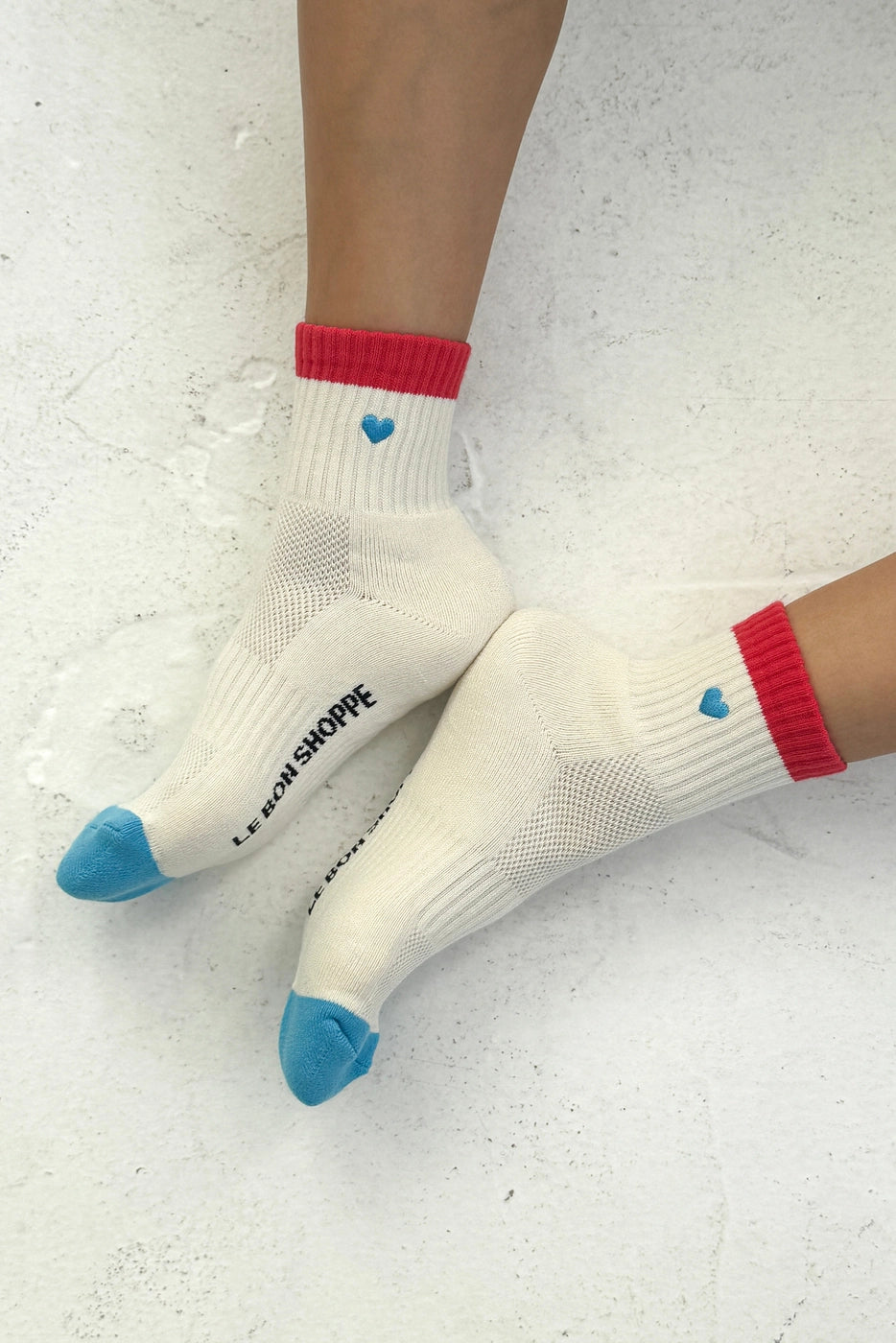 Embroidered Color Block Girlfriend Socks - Blue/Red Heart