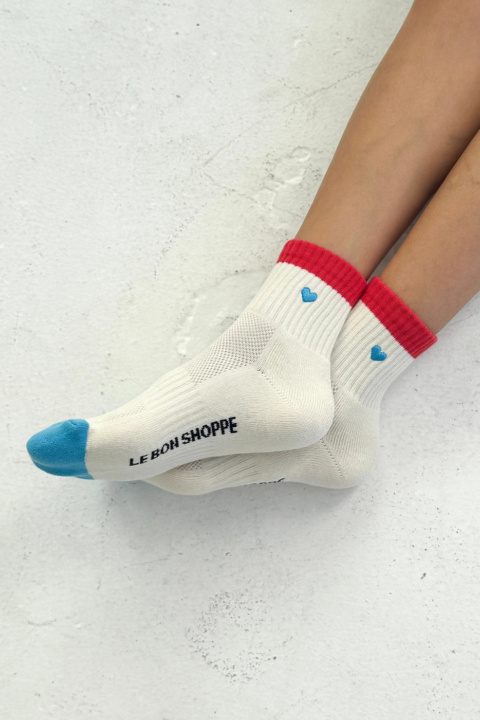 Embroidered Color Block Girlfriend Socks - Blue/Red Heart