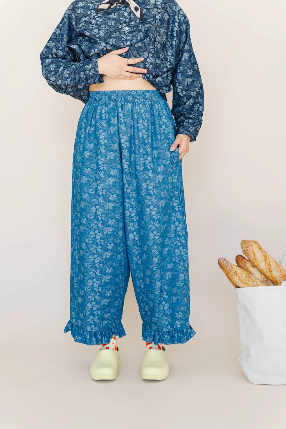Floral Chambray Ruffle Pant