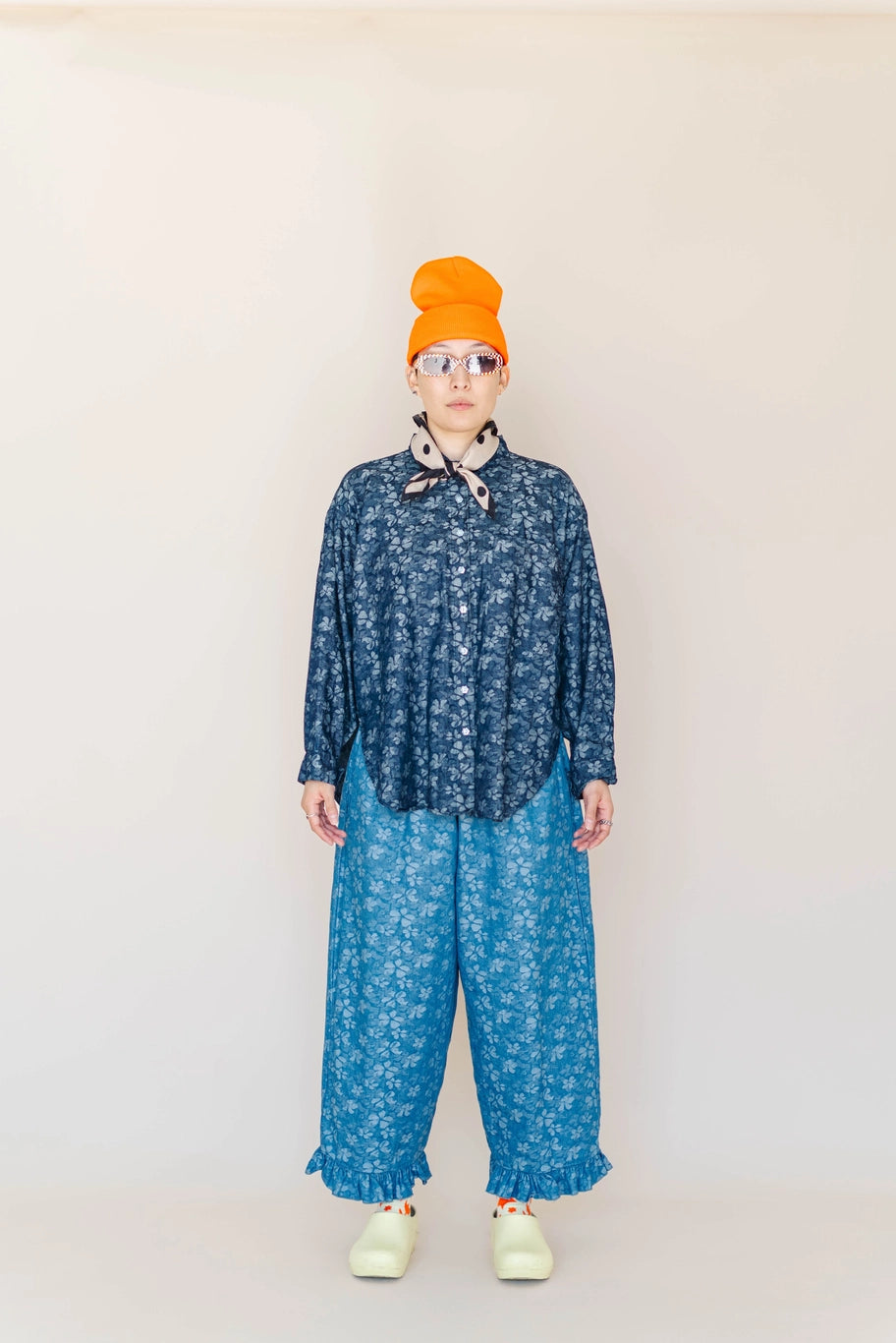 Floral Chambray Ruffle Pant