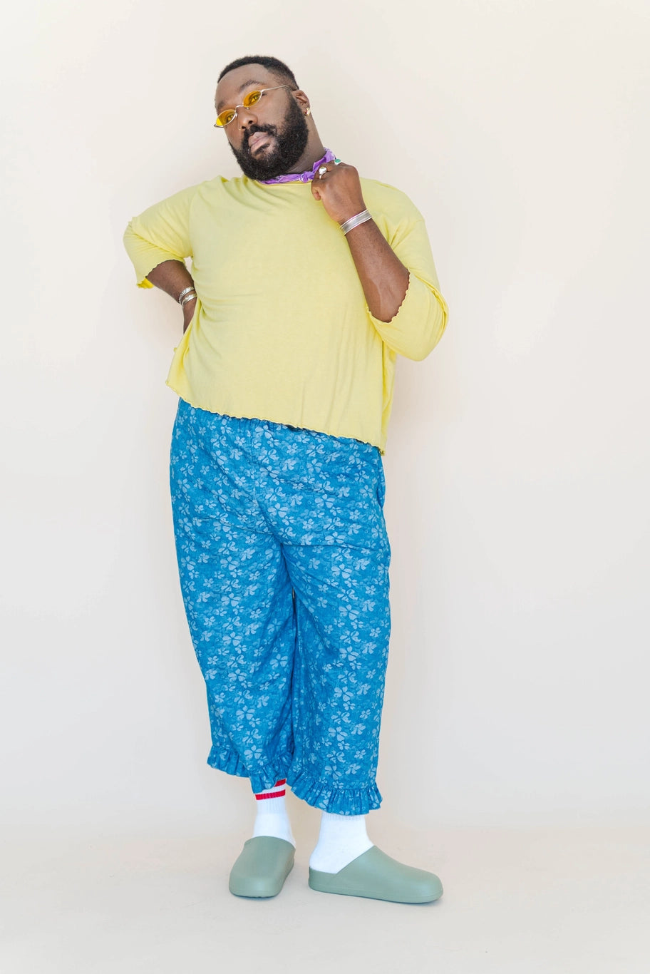 Floral Chambray Ruffle Pant