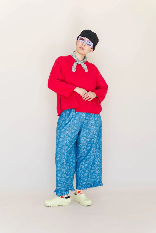 Floral Chambray Ruffle Pant
