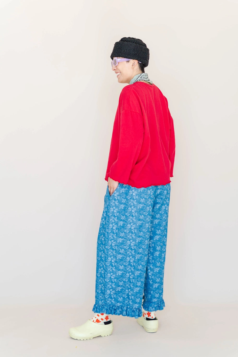 Floral Chambray Ruffle Pant